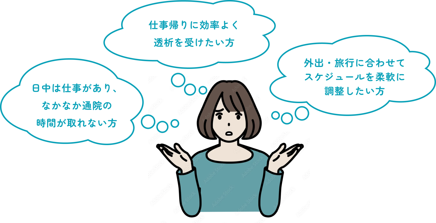日中は仕事があり、なかなか通院の時間が取れない方 仕事帰りに効率よく透析を受けたい方 外出・旅行に合わせてスケジュールを柔軟に調整したい方